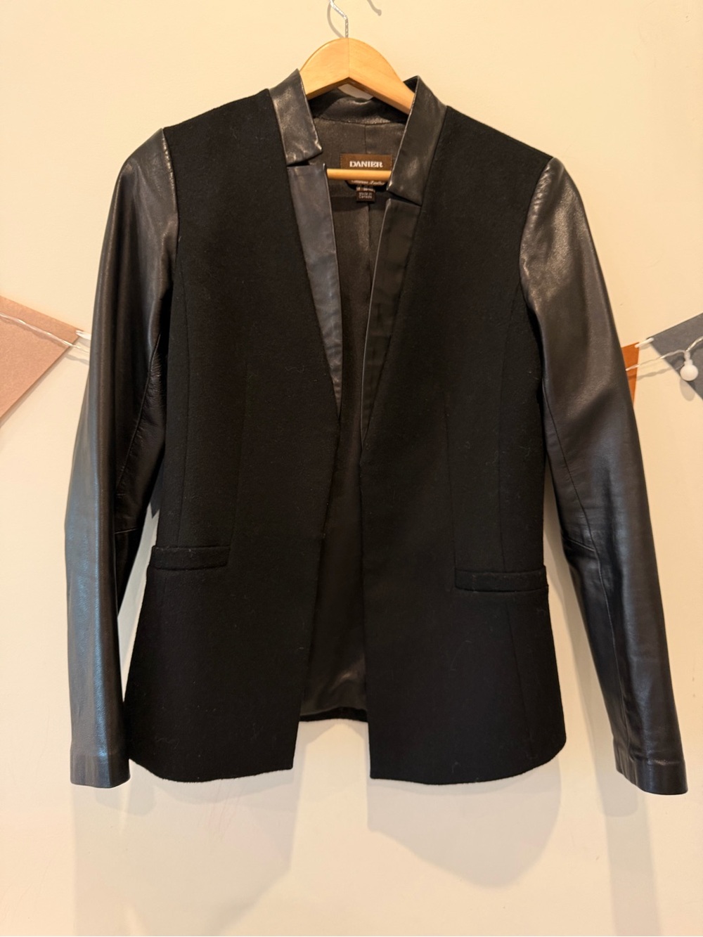 Danier Black Wool Blazer with Leather Sleeves